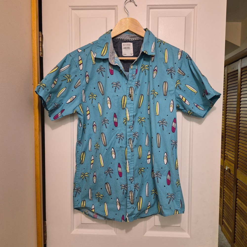 Reverse Threads Mens Medium Teal Blue Surfboard Palm Tree Short Sleeve Button Up